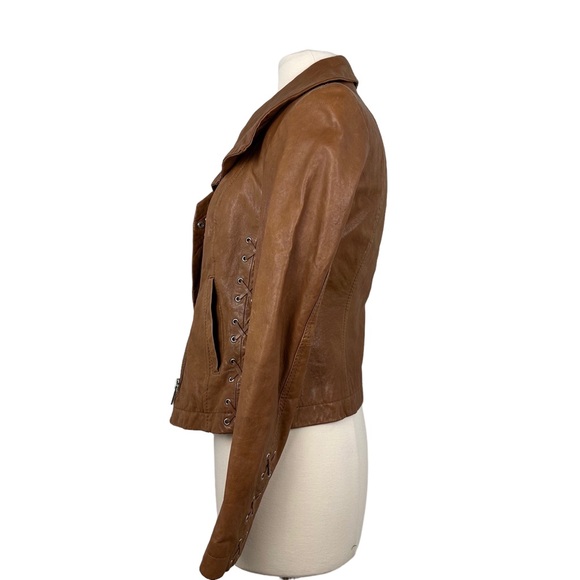 Michael Michael Kors Lambskin Cropped Leather Luggage Tan Jacket Sz XS - Picture 2 of 7